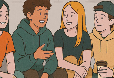 Vier junge Menschen im lockeren Austausch bei Talk and Chill Veranstaltung der Lebenshilfe Alfeld