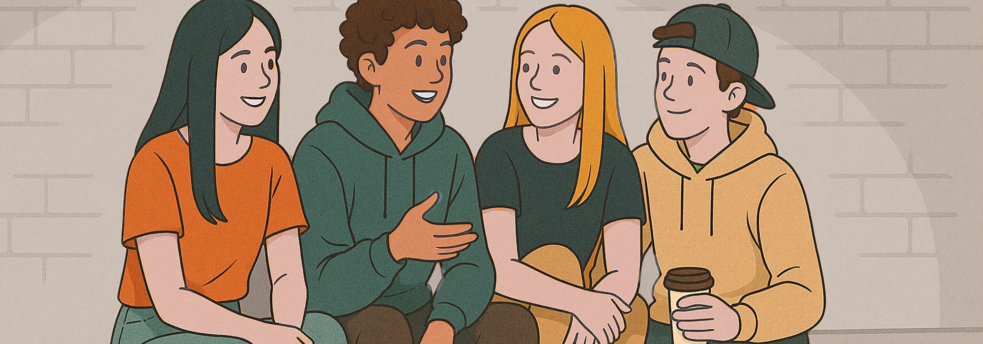 Vier junge Menschen im lockeren Austausch bei Talk and Chill Veranstaltung der Lebenshilfe Alfeld